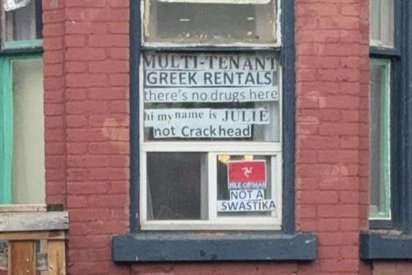 Canadian sign points out triskele is "NOT A SWASTIKA"